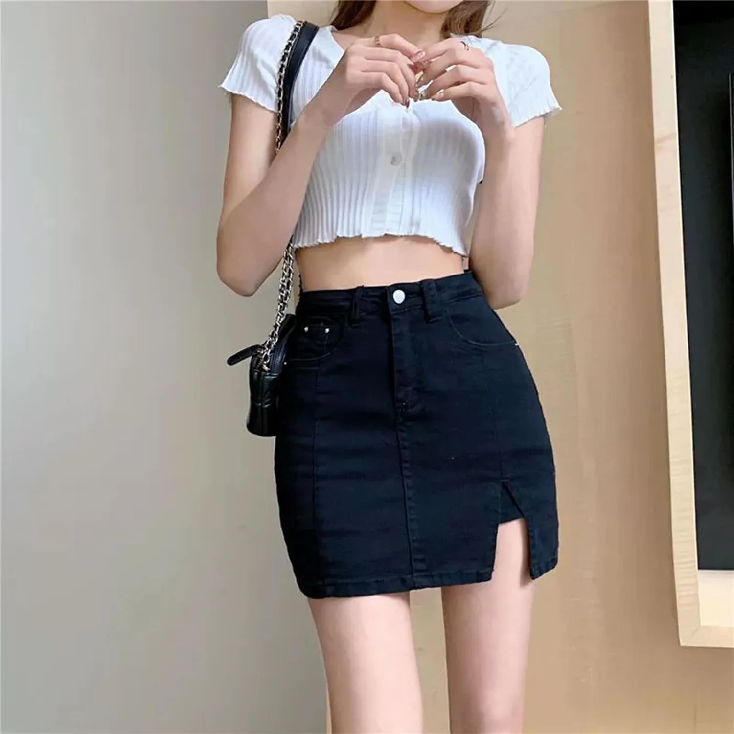 Bloomy Jean Skorts,Denim Skort for Women,Woman High Waisted Casual Stretchy Denim Skirt Side Split Mini Skirts