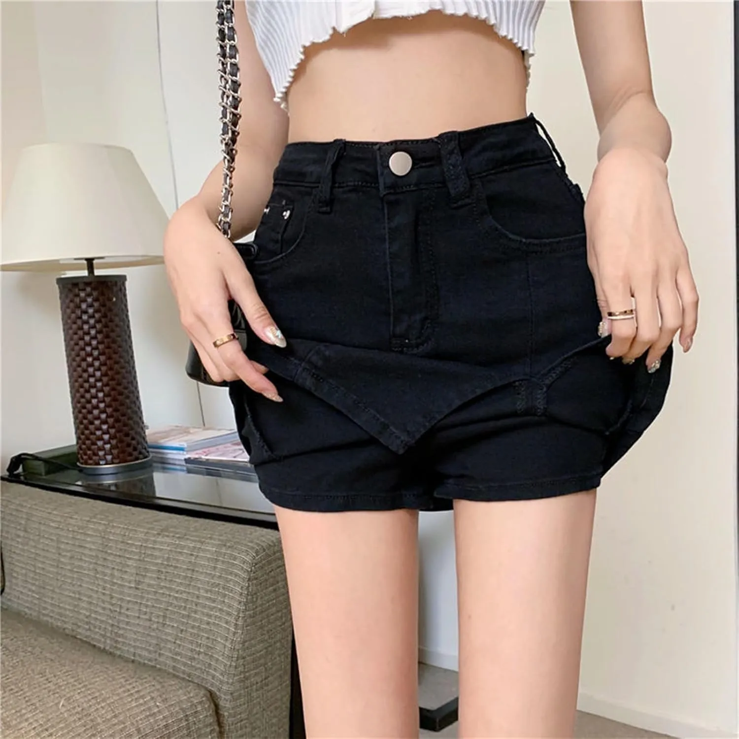 Bloomy Jean Skorts,Denim Skort for Women,Woman High Waisted Casual Stretchy Denim Skirt Side Split Mini Skirts
