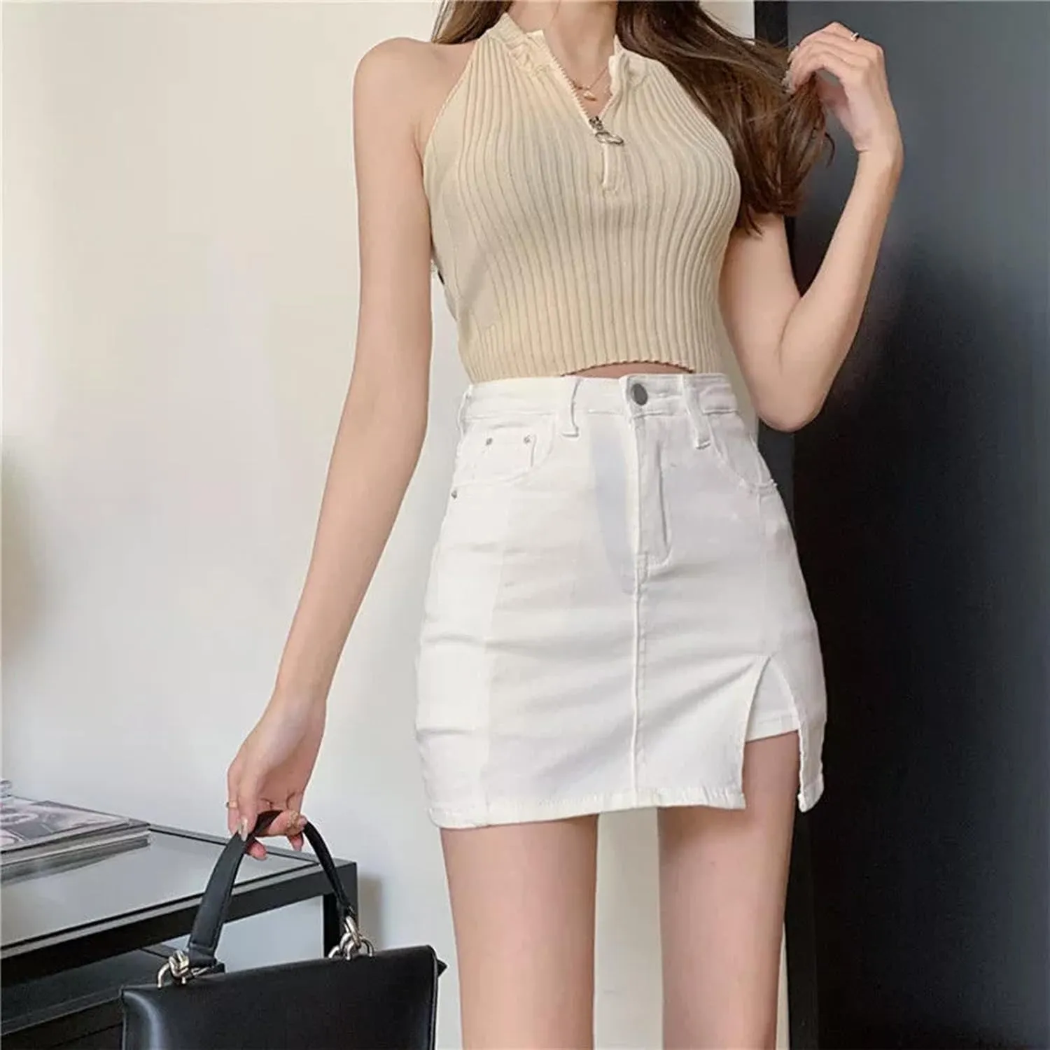 Bloomy Jean Skorts,Denim Skort for Women,Woman High Waisted Casual Stretchy Denim Skirt Side Split Mini Skirts