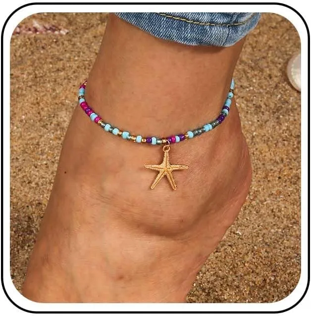 Boho Beach Starfish Beaded Anklets Colorful Beads Anklet Bracelet Gold Starfish Anklet Chain Elastic Beaded Anklet Summer Rice Bead Anklet Foot Chain Jewelry for Women