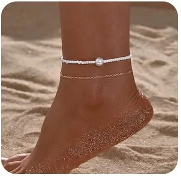 Boho Pearl Anklet Bracelet Handmade Rice Bead Ankle Bracelet Gold Double anklet Foot Jewelry for Women