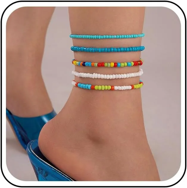Boho Seed Bead Ankle Bracelets Rainbow Rice Bead Foot Anklet Colorful Seed Bead Chain Ankle Handmade Beaded Beach Anklet Set Jewelry for Women