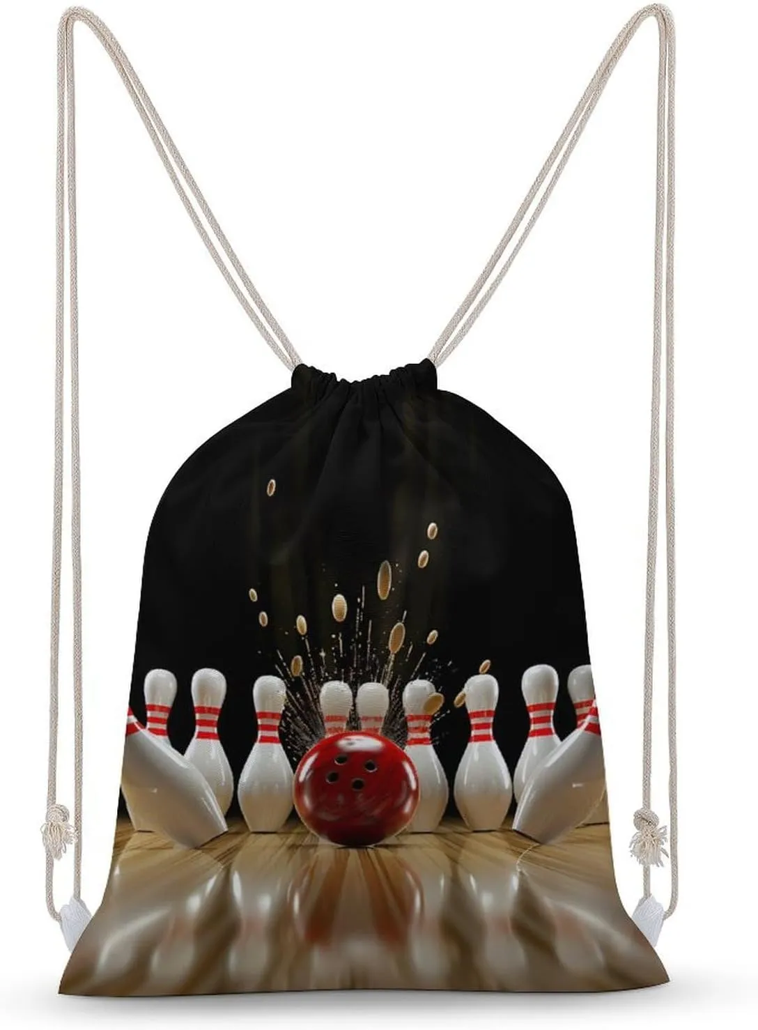 Bowling Ball Strikes Bowling Pins Drawstring Backpack Canvas Double Shoulder Bag String Bag Sports Gym Bag for Men Women 35x50cm