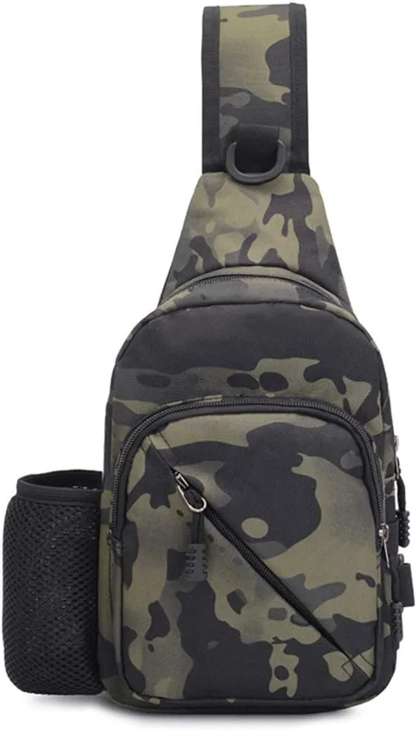 BraveHawk OUTDOORS Sling Chest Bag, 900D Nylon Oxford Portable Waterproof Compact Crossbody Pack for Hiking Cycling (Black Camouflage, Compact)
