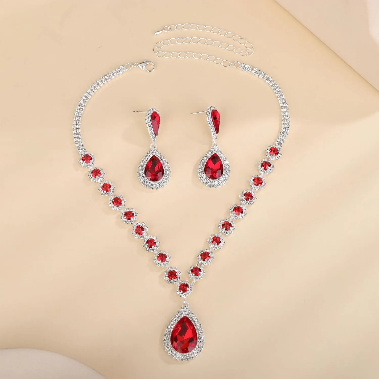 Bridal Crystal Rhinestone Necklace Earring Set Teardrop Pendant Necklace Earrings Set Bohemian Crystal Rhinestone Dangle Necklace Earrings Set for Wedding for Brides Bridesmaid