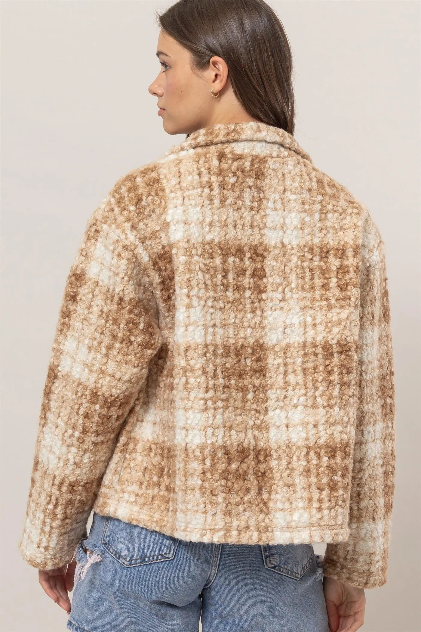 Brit Plaid Collared Neck Boucle Jacket with Pockets