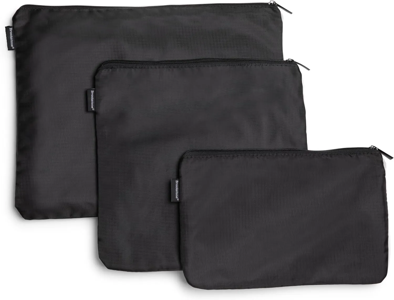 Brookstone Travel Storage Pouch - 3 Piece Flexible and Expandable Travel Zipper Pouch Set for Toiletry, Makeup, and Cosmetics, Black