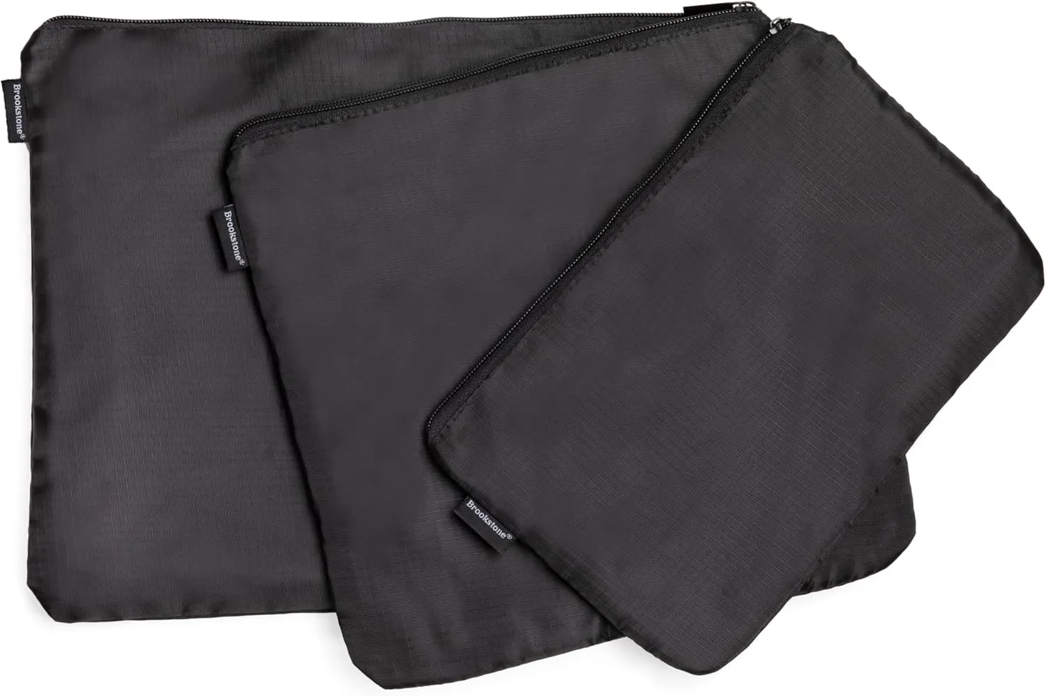 Brookstone Travel Storage Pouch - 3 Piece Flexible and Expandable Travel Zipper Pouch Set for Toiletry, Makeup, and Cosmetics, Black