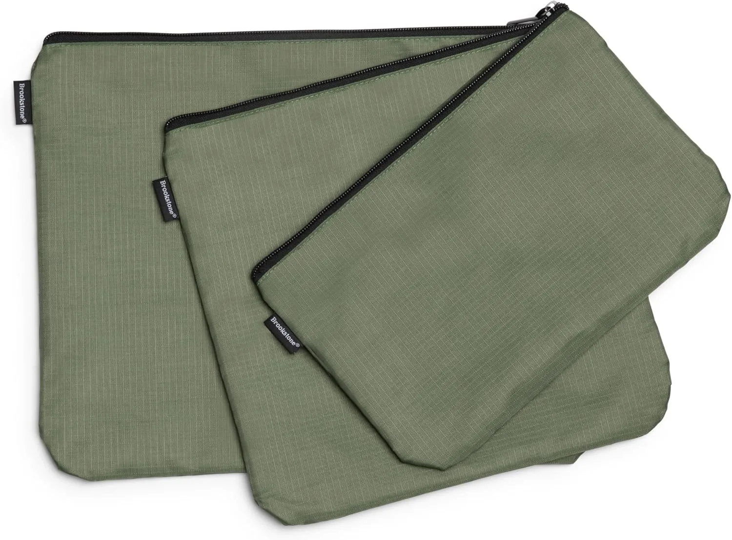 Brookstone Travel Storage Pouch - 3 Piece Flexible and Expandable Travel Zipper Pouch Set for Toiletry, Makeup, and Cosmetics, Olive