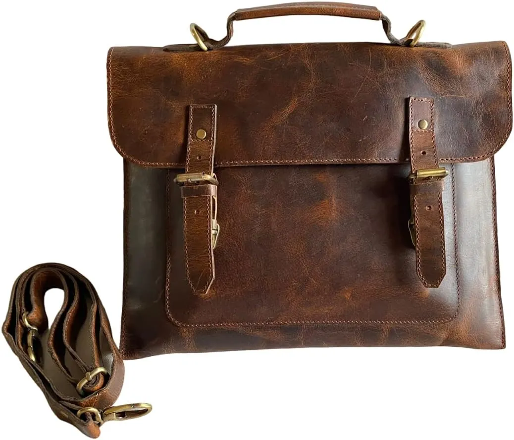 Buffalo Leather Briefcase Messenger Bag For Men Women Office School Laptop Satchel Shoulder Bags, 15 Inch Medium