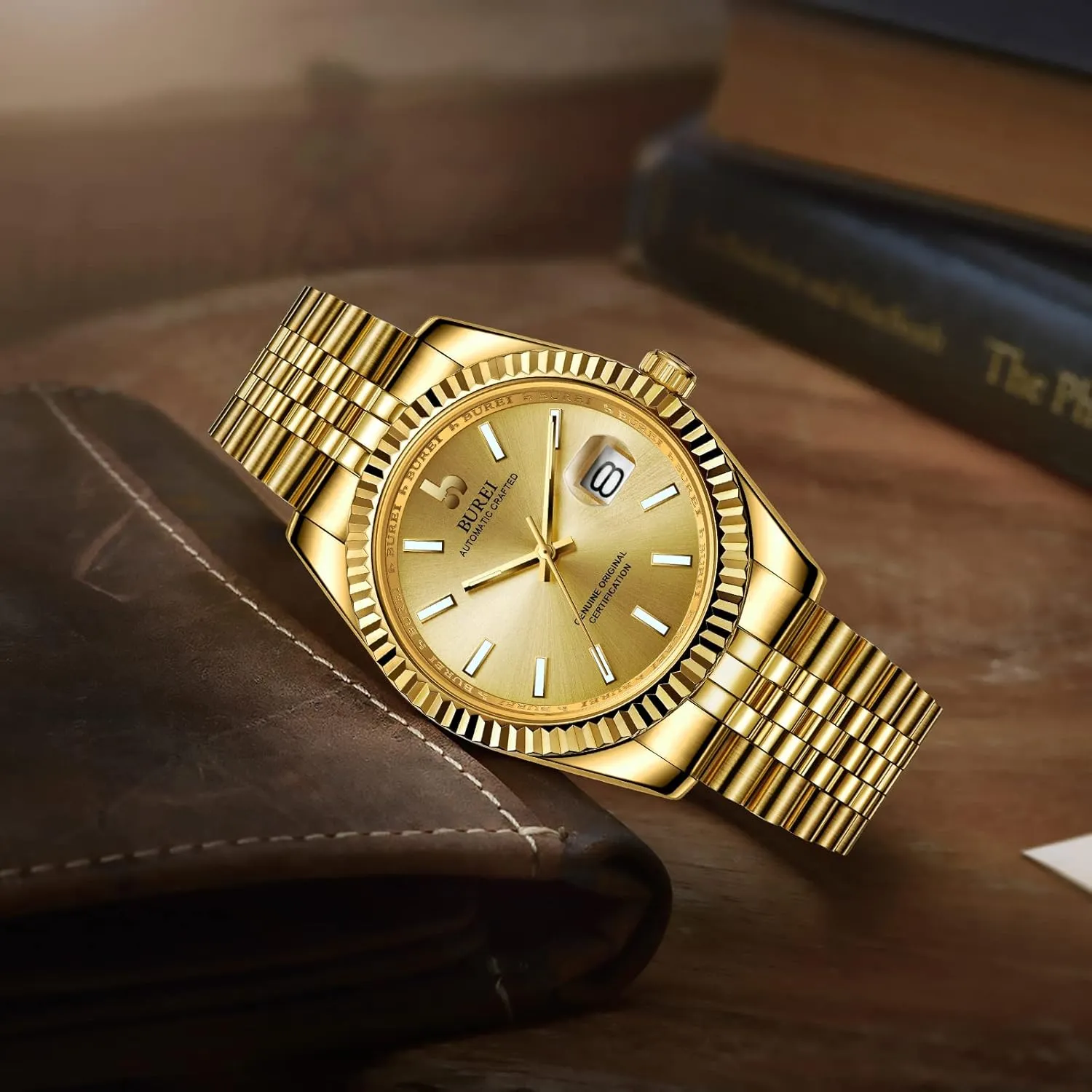 BUREI Men's Classic Luxury Watch Gold Stainless Steel Watch Waterproof Mechanical Wrist Watch Fashion Double Watch Date Display Sapphire Crystal