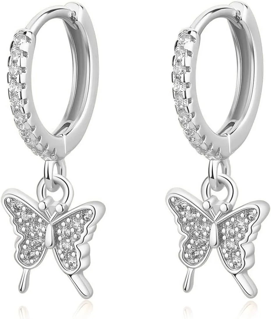 Butterfly Hoop Earrings For Women 14k Gold Plated Crystal Butterfly Drop Earrings Silver Rhinestone Butterfly Dangle Earrings Trendy Jewelry Gifts For Prom Wedding Brides