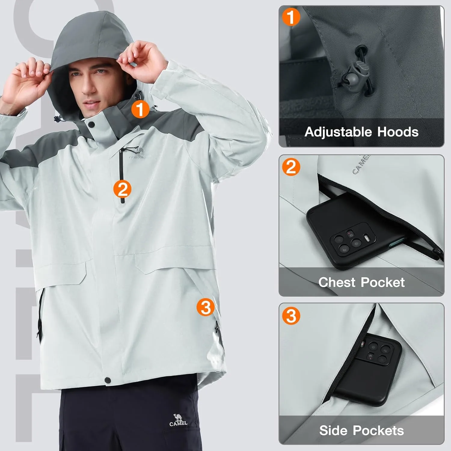 CAMEL CROWN Mens Ski Jackets 3 in 1 Waterproof Winter Jackets Snow Jackets Windproof Hooded with Inner Fleece Coat