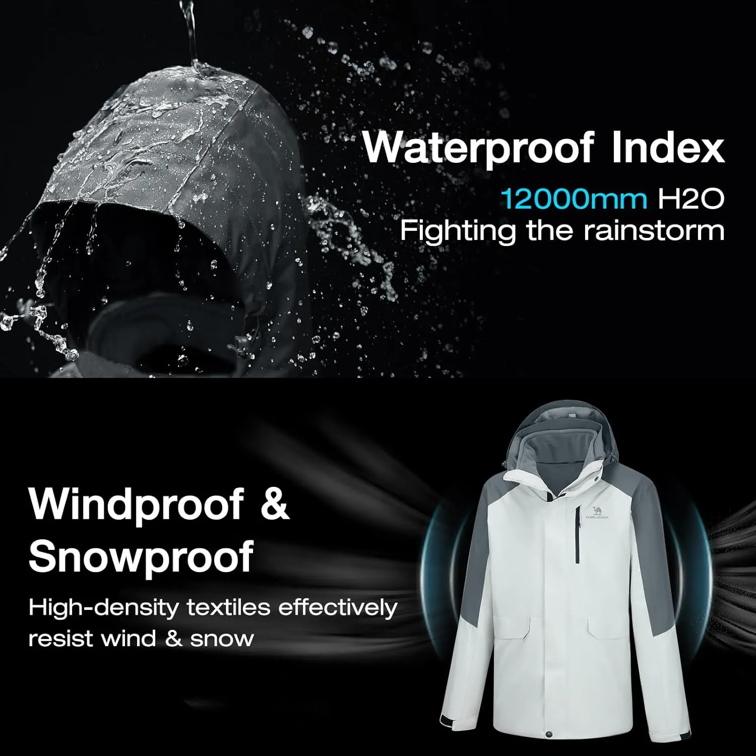 CAMEL CROWN Mens Ski Jackets 3 in 1 Waterproof Winter Jackets Snow Jackets Windproof Hooded with Inner Fleece Coat