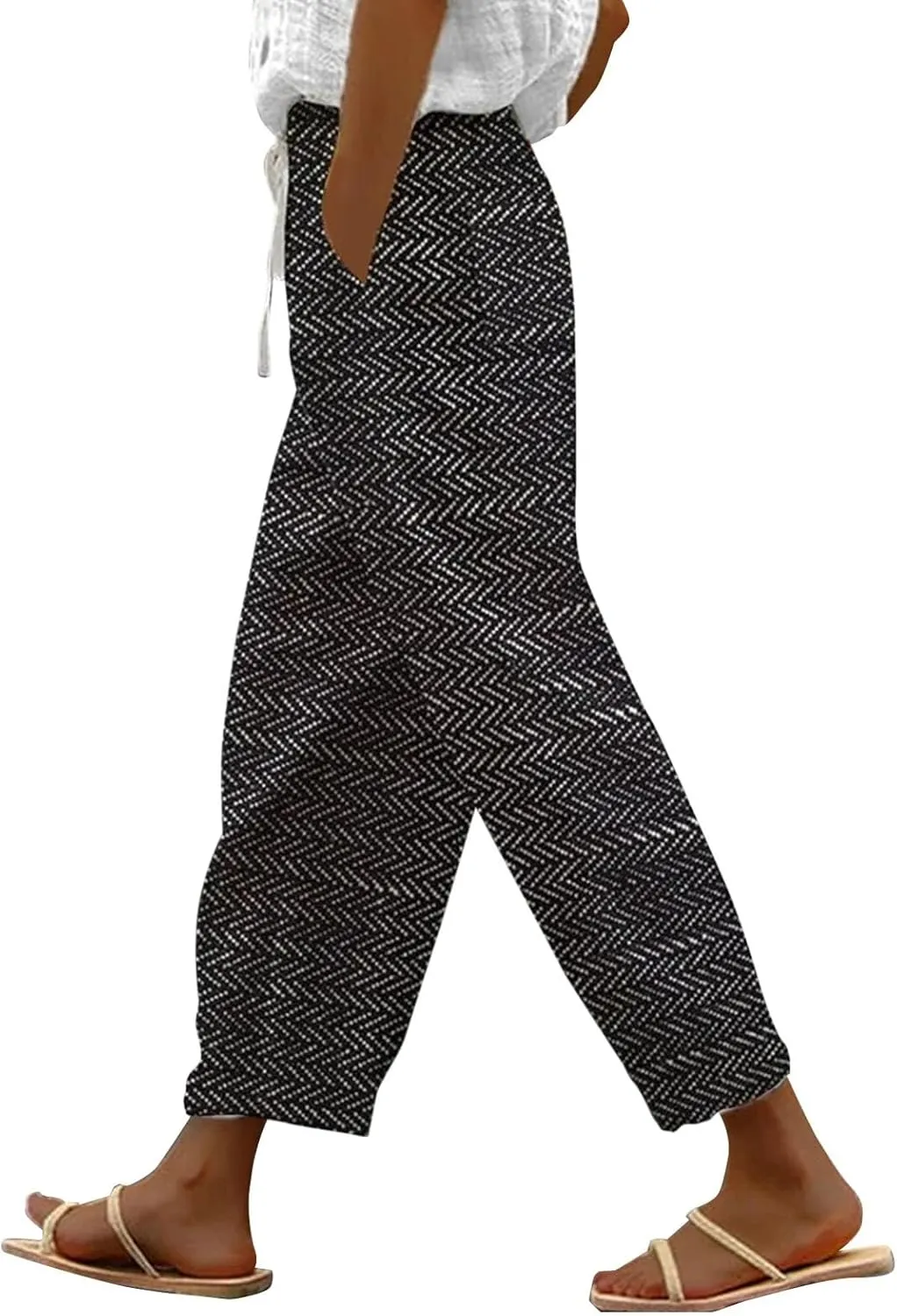 Capri Linen Pants for Women Drawstring Pants Capri Pants 2025 Pants with Pockets Wide Leg Cropped Pants Women's