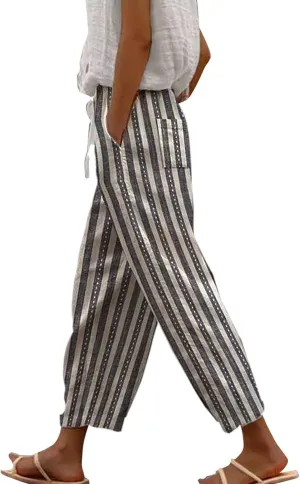 Capri Linen Pants for Women Drawstring Pants Capri Pants 2025 Pants with Pockets Wide Leg Cropped Pants Women's