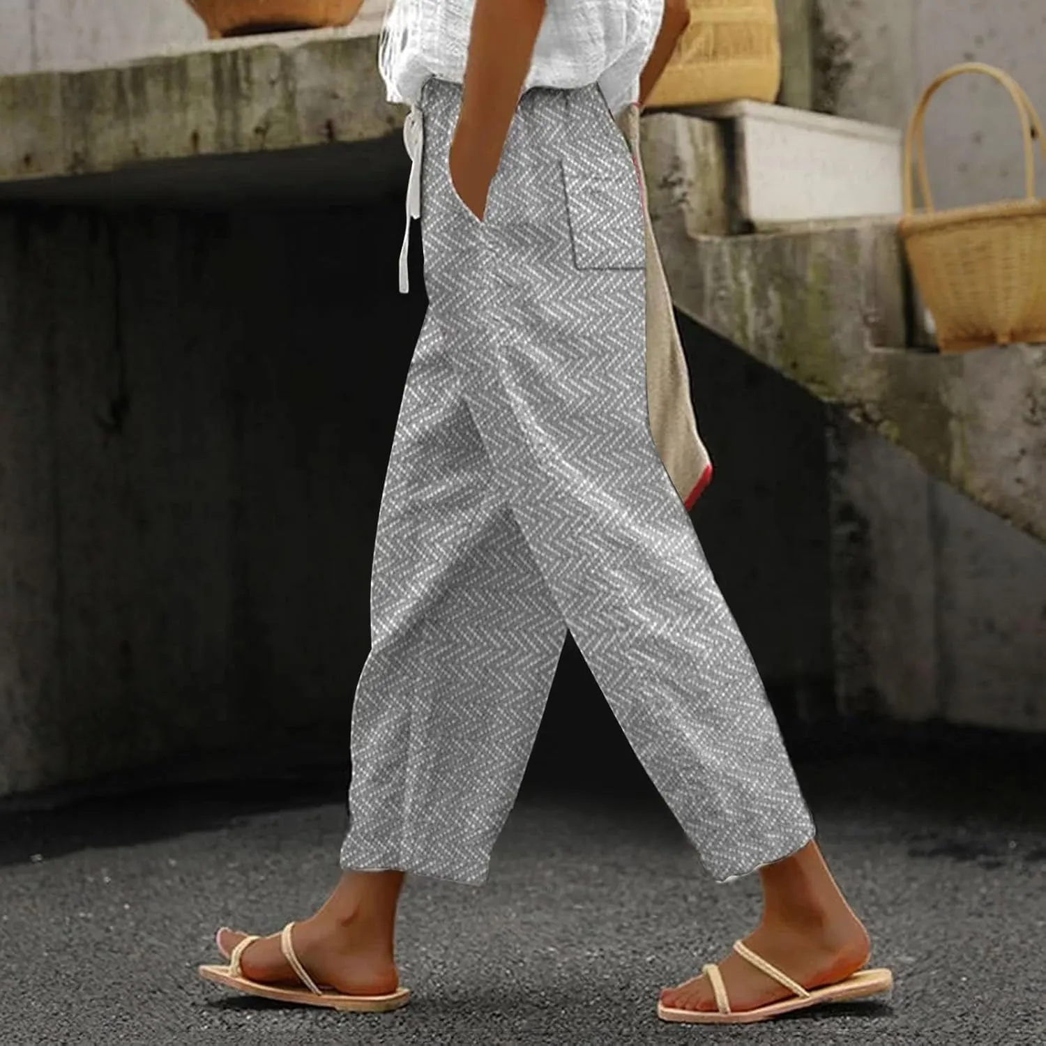 Capri Linen Pants for Women Drawstring Pants Capri Pants 2025 Pants with Pockets Wide Leg Cropped Pants Women's