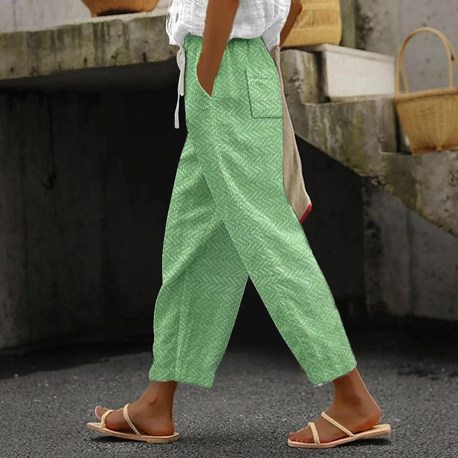 Capri Linen Pants for Women Drawstring Pants Capri Pants 2025 Pants with Pockets Wide Leg Cropped Pants Women's