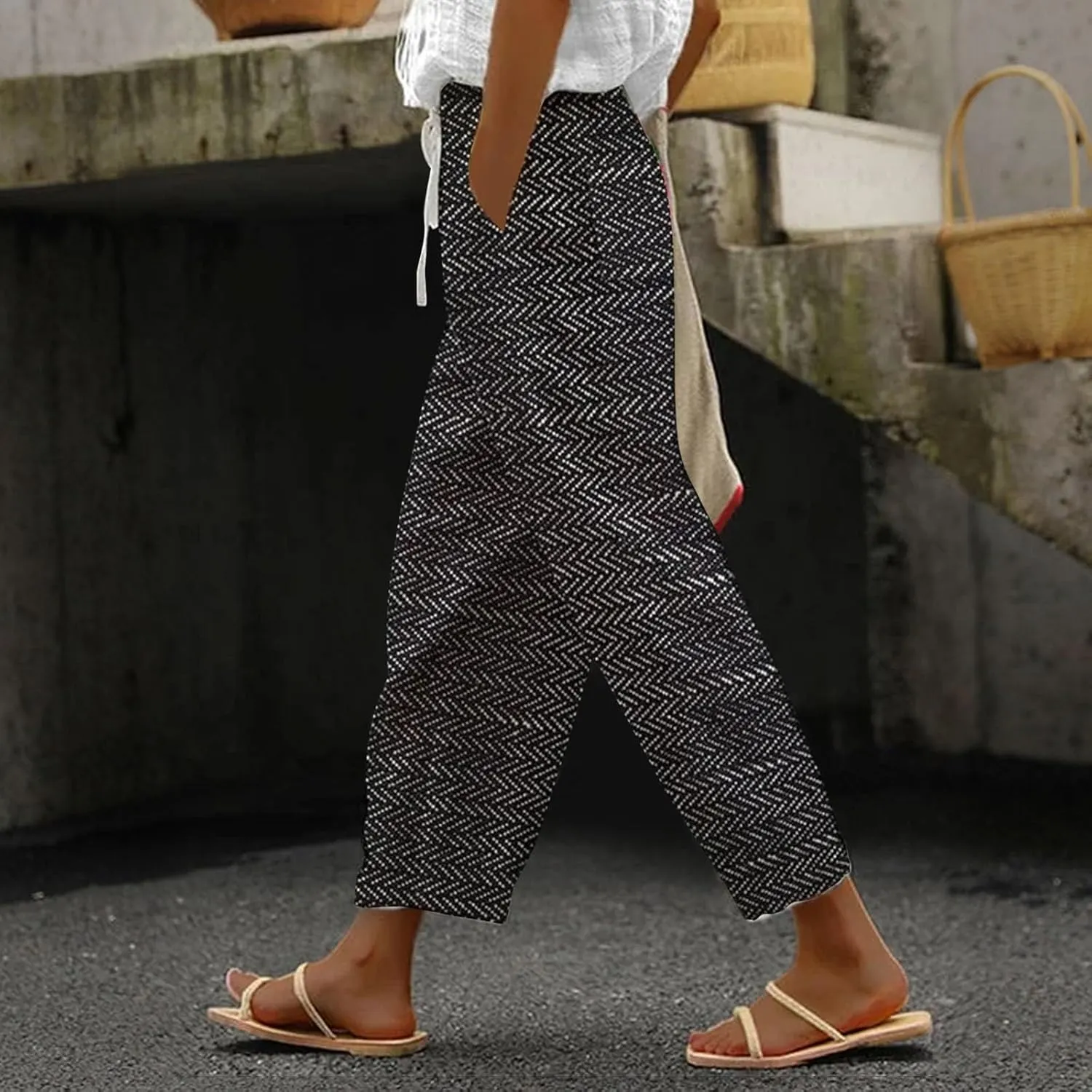 Capri Linen Pants for Women Drawstring Pants Capri Pants 2025 Pants with Pockets Wide Leg Cropped Pants Women's