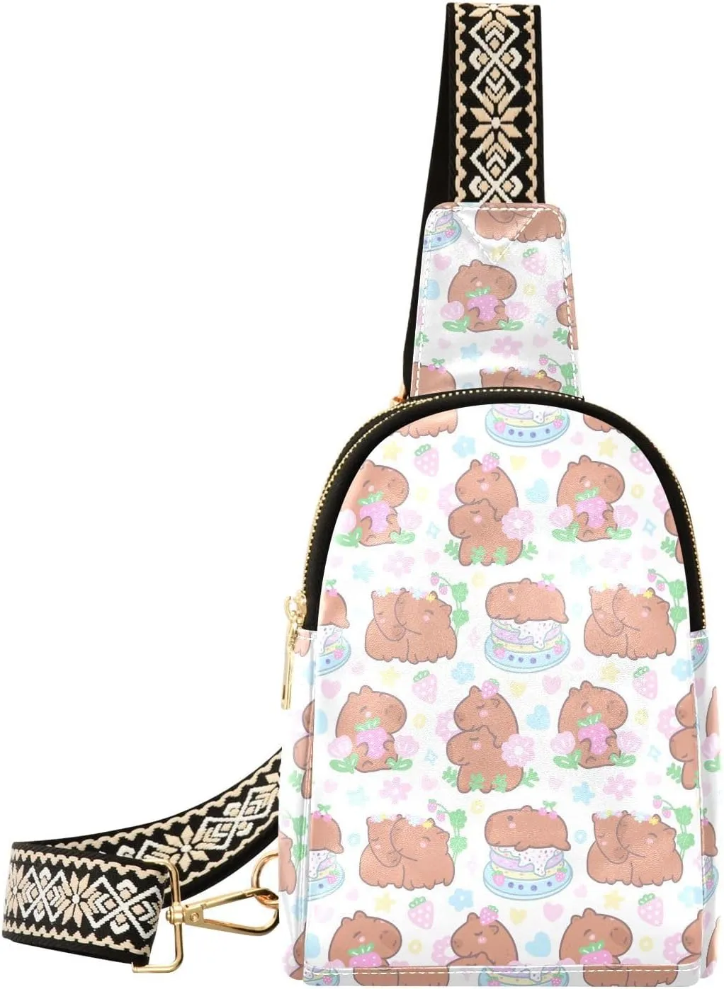 Capybaras Strawberries Flowers Fanny Pack Crossbody PC Leather Small Sling Bag for Women Fashion Waist Packs Chest Bag for Travel Sports Running Hiking
