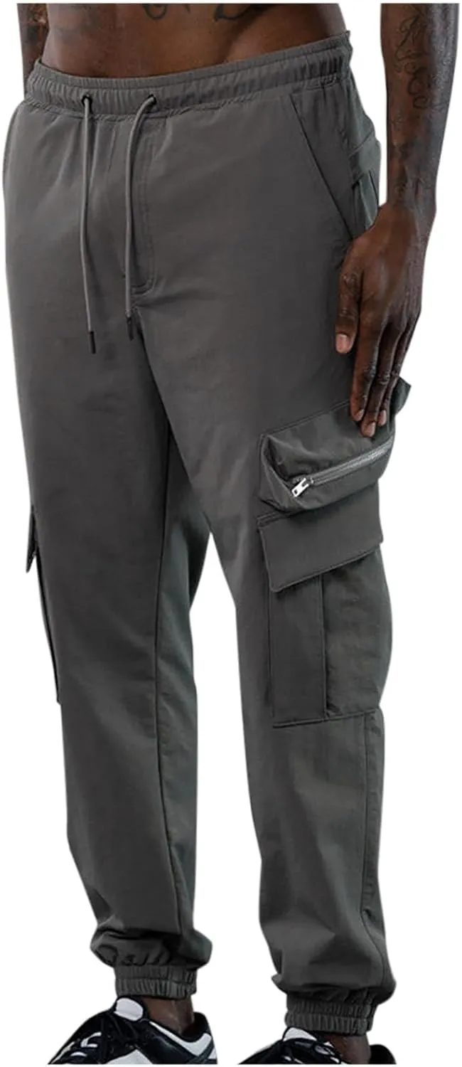Casual Hiking Pants Men Sports Fashion Pants Jogging Loose Pants Zip Pocket Pants Solid Light Elastic Waist Pants