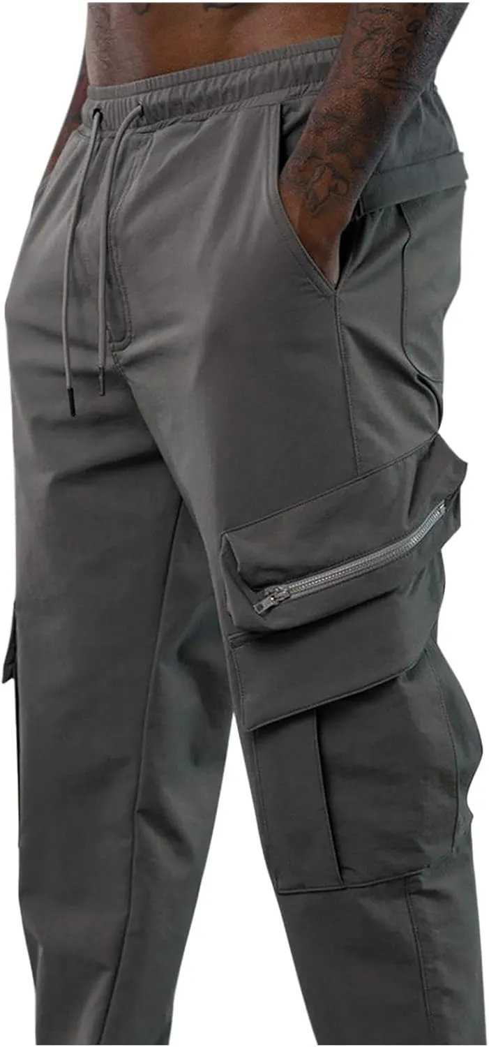 Casual Hiking Pants Men Sports Fashion Pants Jogging Loose Pants Zip Pocket Pants Solid Light Elastic Waist Pants