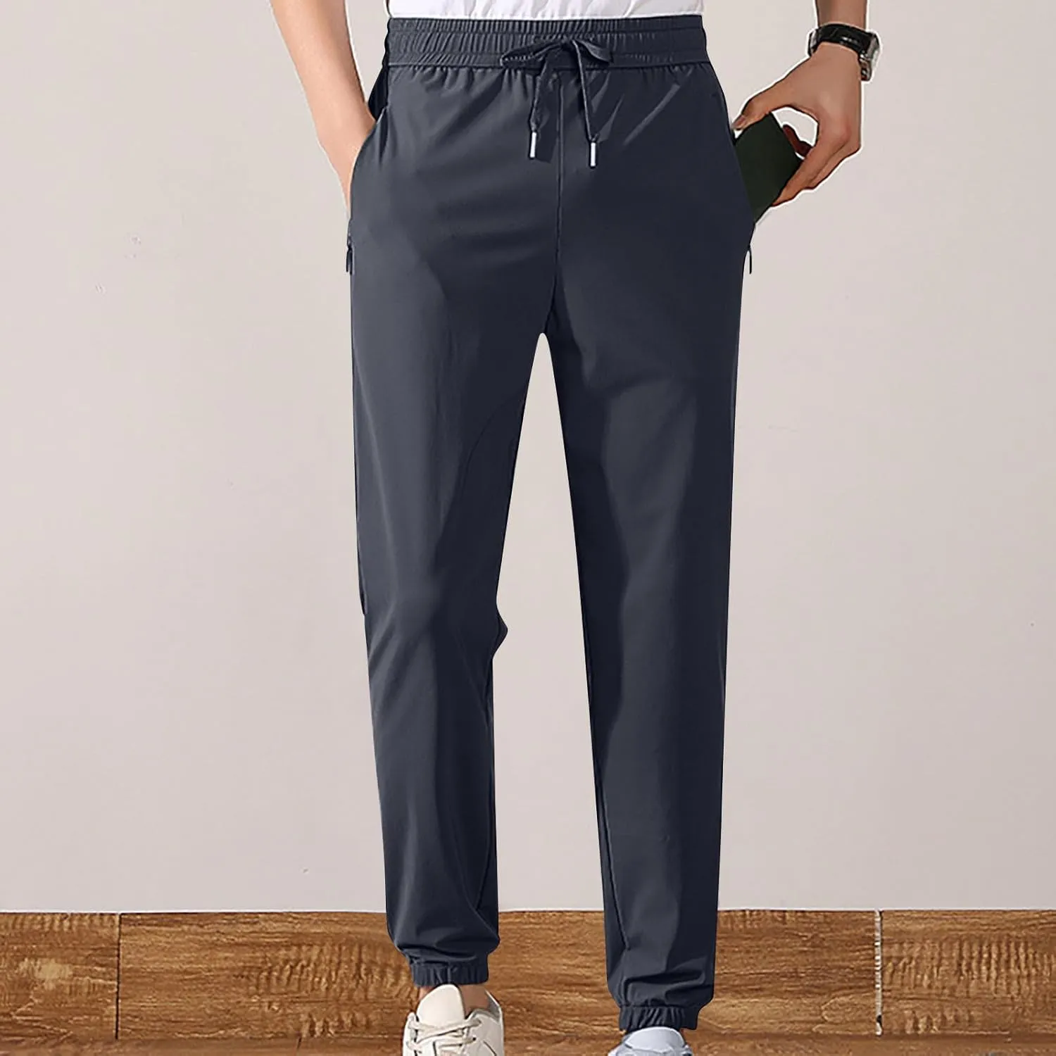 Casual Light Pants Men Belted Foot Pants Solid Sport Pants Relaxed Elastic Waist Pants Breathable Cool Pants