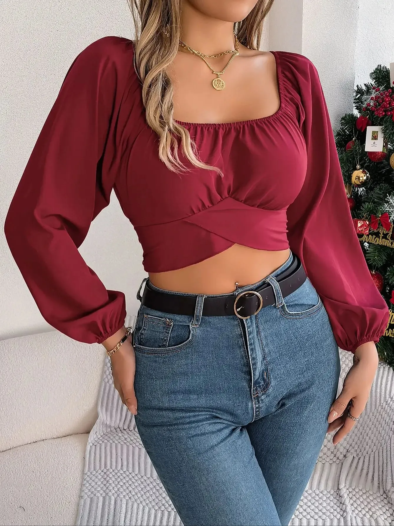 Chic Square Neck Top with Lantern Sleeves and Bow Tie