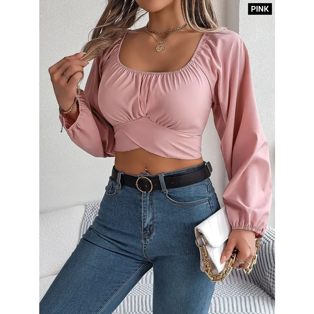 Chic Square Neck Top with Lantern Sleeves and Bow Tie