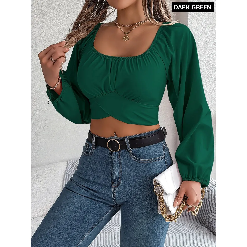 Chic Square Neck Top with Lantern Sleeves and Bow Tie