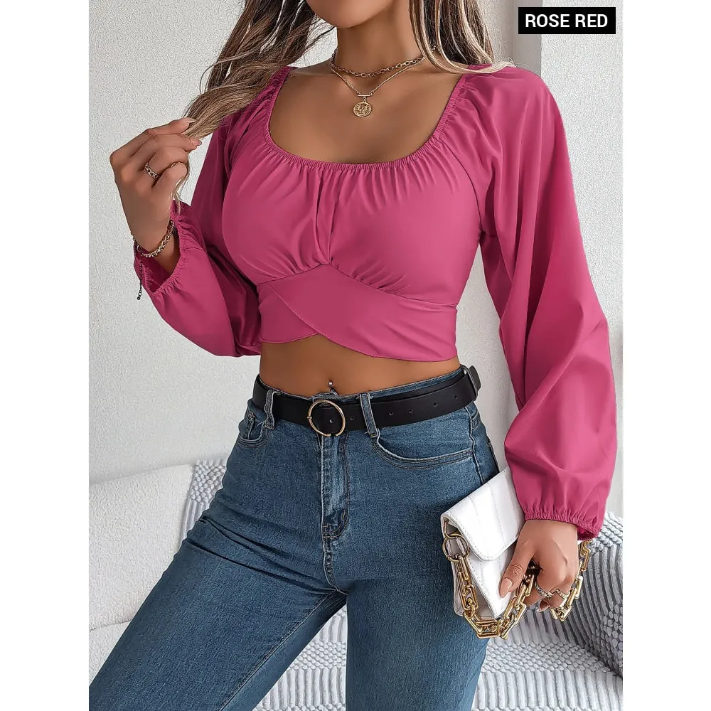 Chic Square Neck Top with Lantern Sleeves and Bow Tie