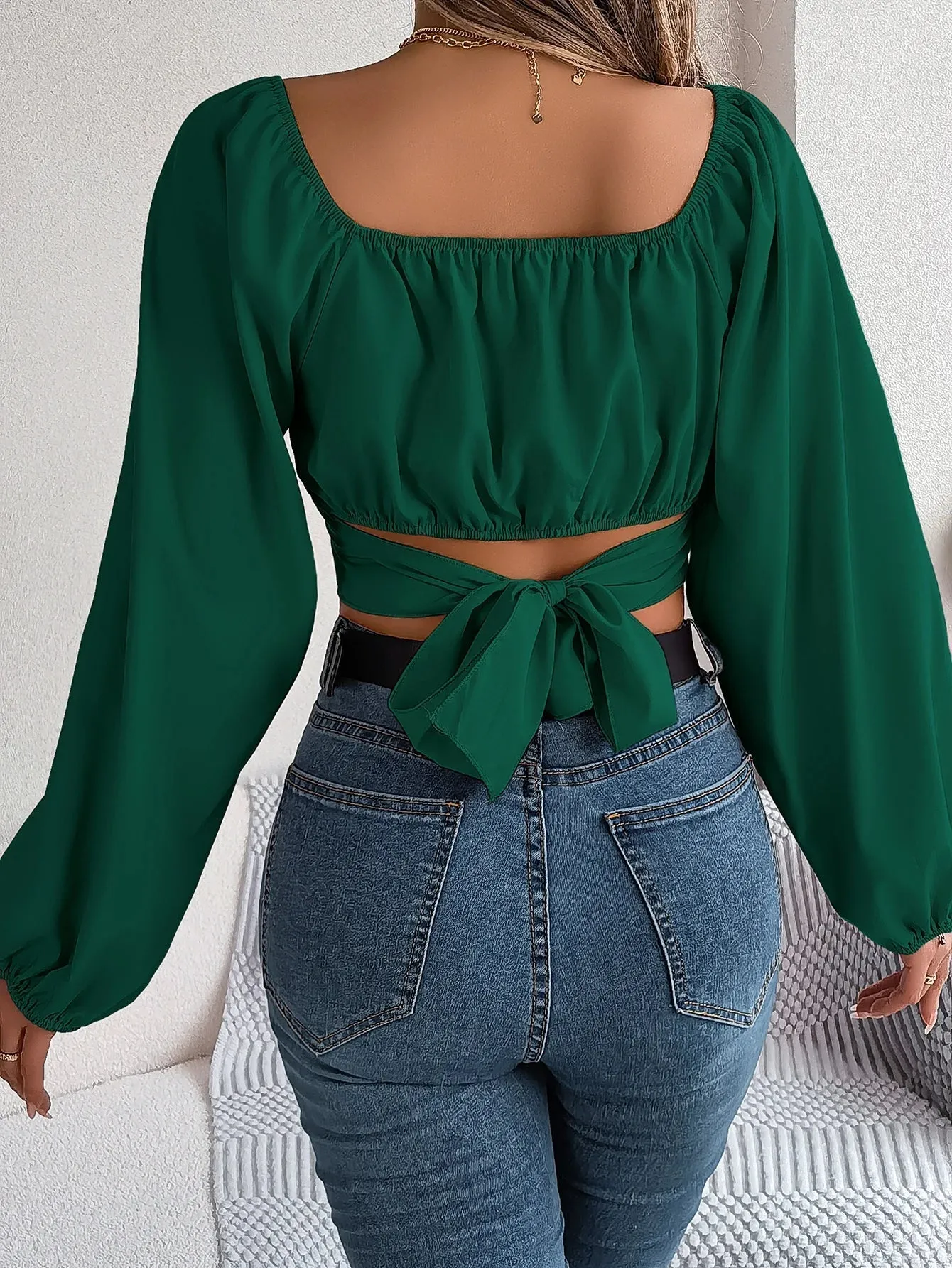 Chic Square Neck Top with Lantern Sleeves and Bow Tie