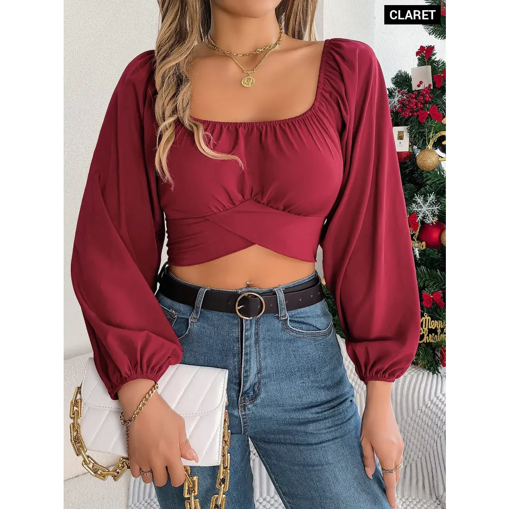 Chic Square Neck Top with Lantern Sleeves and Bow Tie