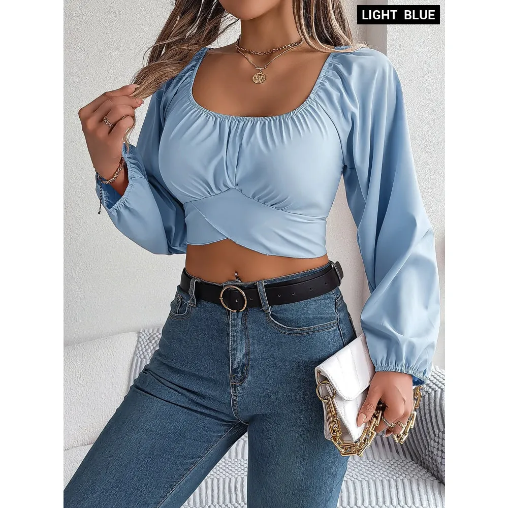 Chic Square Neck Top with Lantern Sleeves and Bow Tie