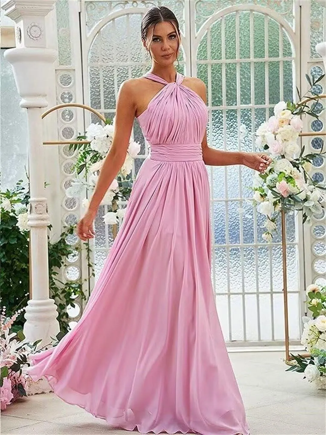 Chiffon Long Bridesmaid Dresses for Women 2024 A-line Pleats Maxi Formal Evening Party Gown with Pockets