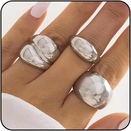 Chunky Gold & Silver Rings Set - Adjustable Thick Statement Rings for Women