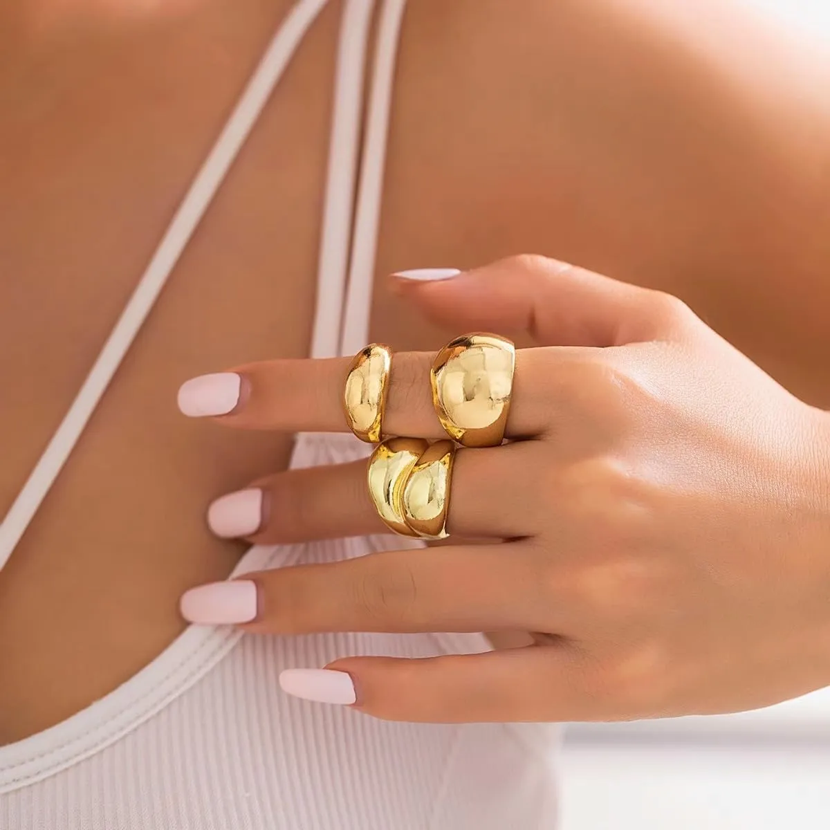 Chunky Gold & Silver Rings Set - Adjustable Thick Statement Rings for Women