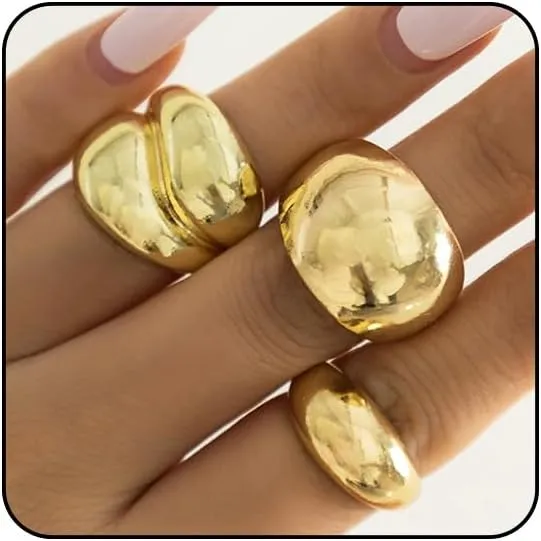 Chunky Gold & Silver Rings Set - Adjustable Thick Statement Rings for Women