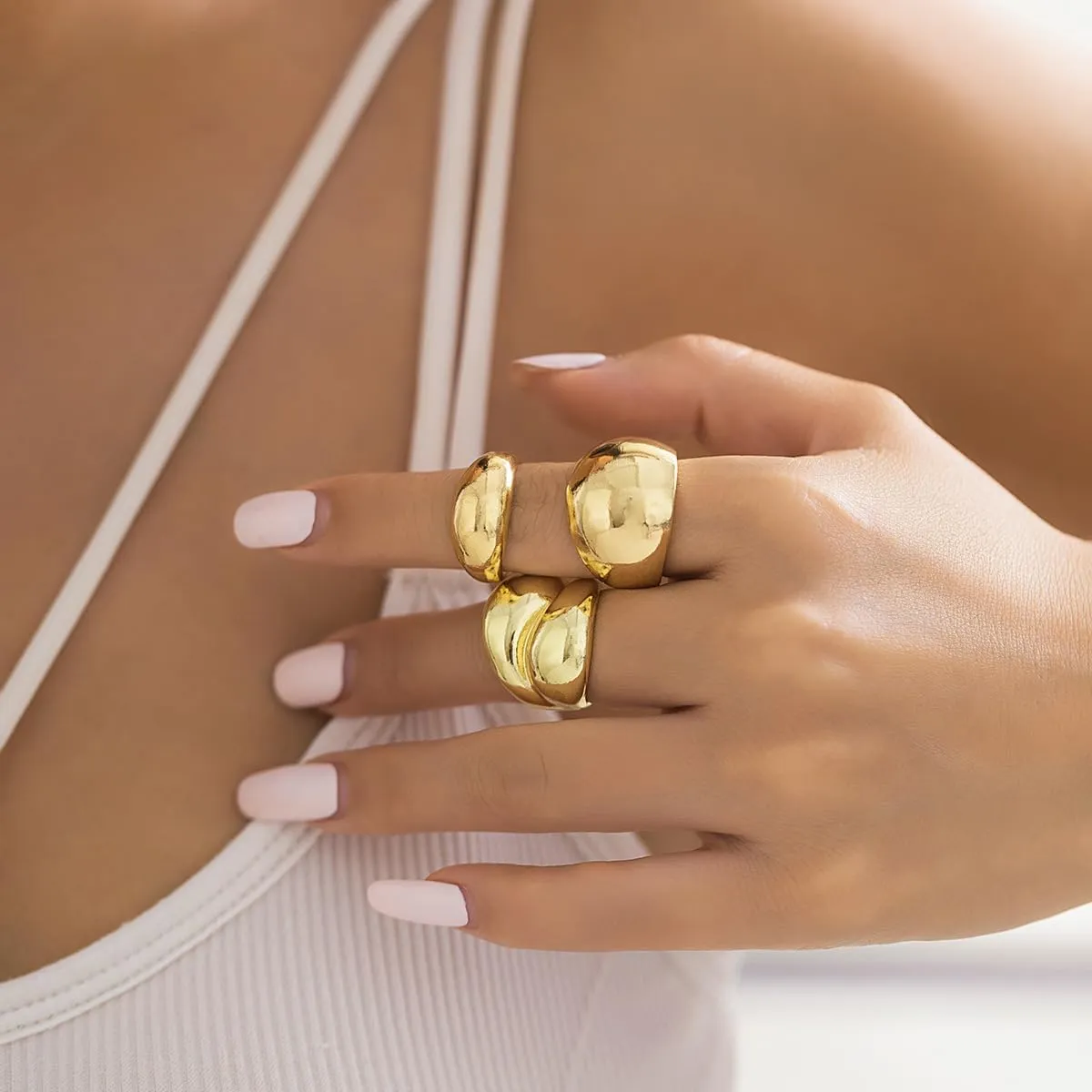 Chunky Gold & Silver Rings Set - Adjustable Thick Statement Rings for Women