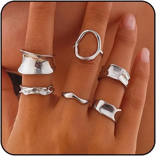 Chunky Gold & Silver Rings Set - Adjustable Thick Statement Rings for Women
