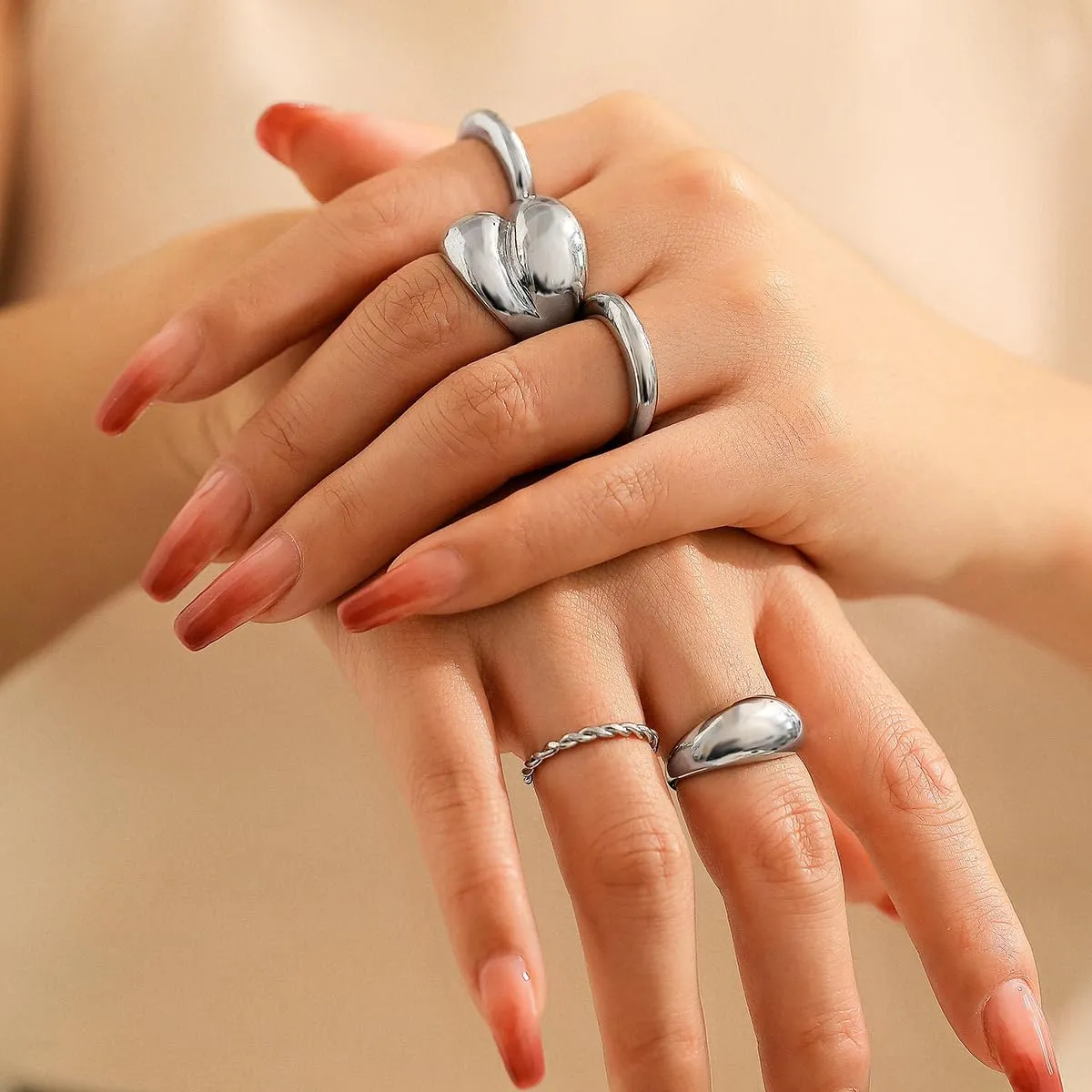 Chunky Gold & Silver Rings Set - Adjustable Thick Statement Rings for Women