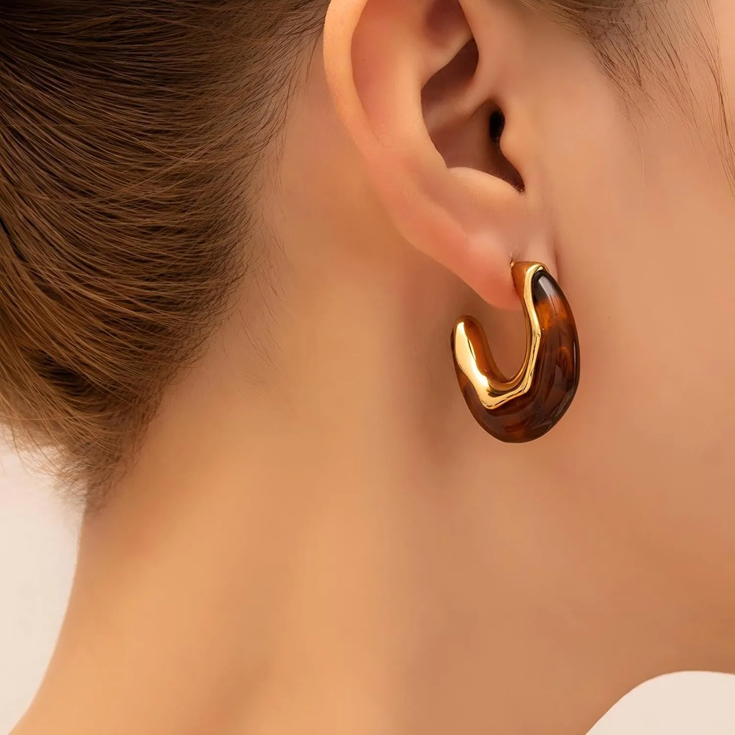 Chunky Gold Dangle Earrings for Women Non Tarnish Pink Brown Amber Resin Earrings Trendy 18K Gold Plated Dangle