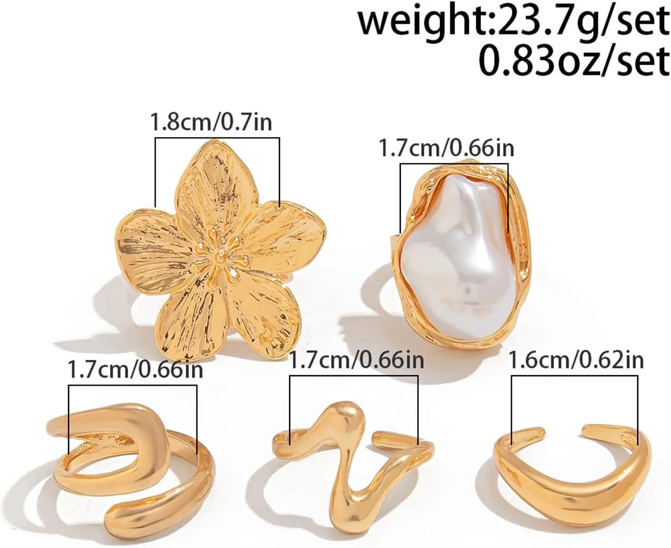 Chunky Gold Ring Set for Women,Vintage Flower Stackable Rings Baroque Pearl Knuckle Rings Statement Gemstone Adjustable Open Pearl Finger Ring Trendy Personality Jewelry