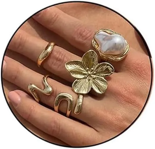 Chunky Gold Ring Set for Women,Vintage Flower Stackable Rings Baroque Pearl Knuckle Rings Statement Gemstone Adjustable Open Pearl Finger Ring Trendy Personality Jewelry