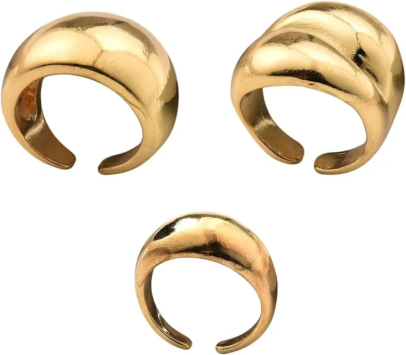 Chunky Gold Rings for Women Non Tarnish Open Dome Rings Stackable Rings Set Adjustable Thick Gold Ring Fashion Statement Rings for Mom Minimalist Simple Rings Set 3Pcs Chunky Rings Stacking