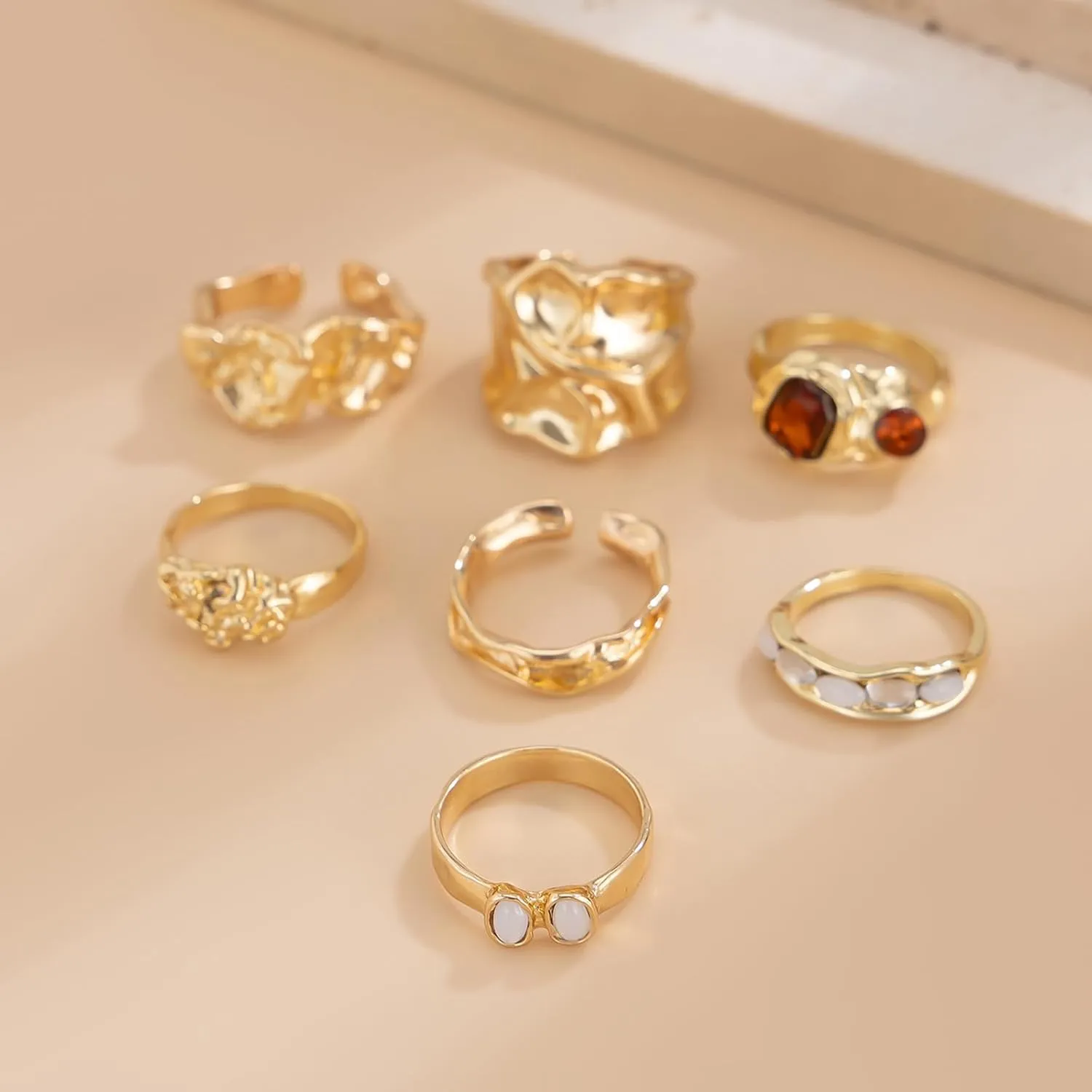 Chunky Gold Rings for Women Non Tarnish Statement Stackable Rings Set Adjustable Boho Pearl Flower Gemstone Joint Finger Midi Knuckle Ring Pack Jewelry Gifts Trendy Stuff
