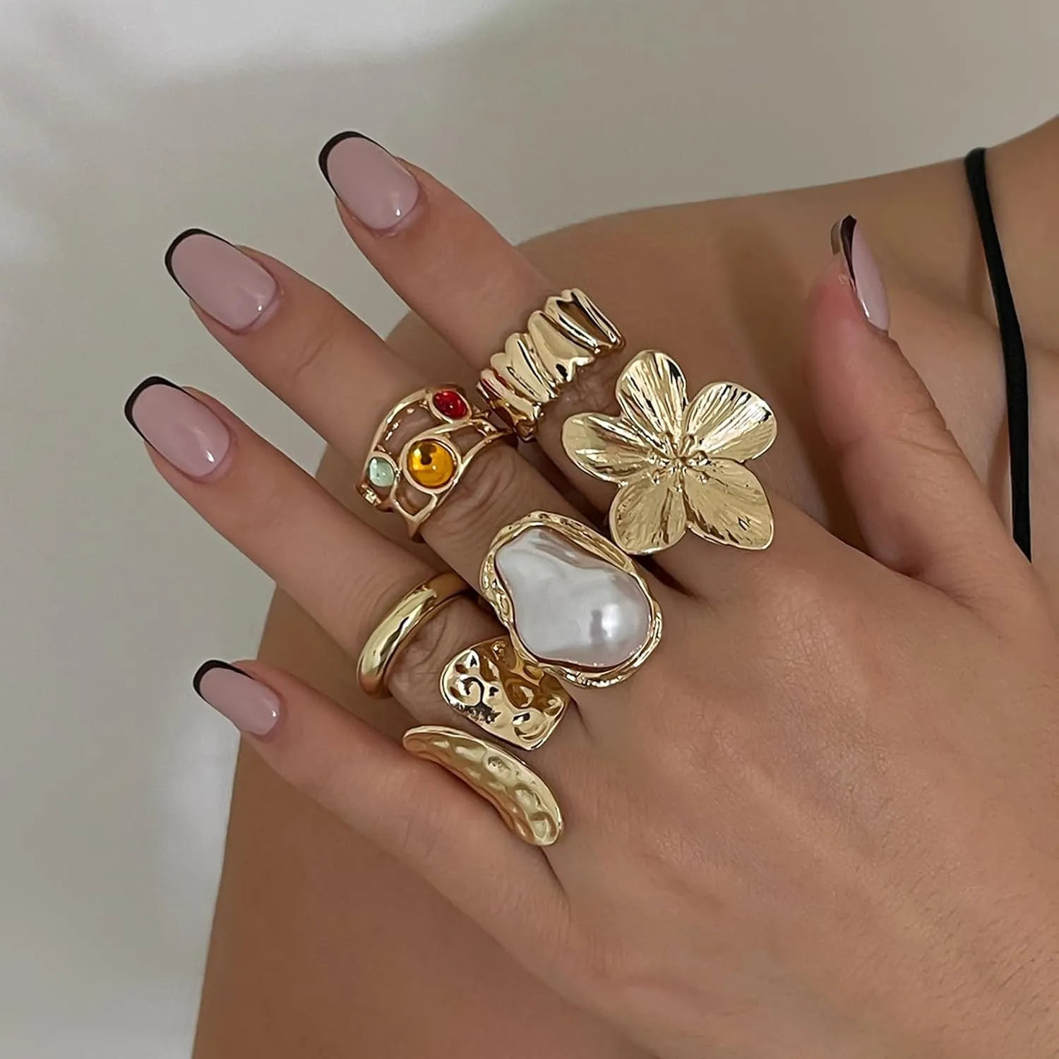 Chunky Gold Rings for Women Non Tarnish Statement Stackable Rings Set Adjustable Boho Pearl Flower Gemstone Joint Finger Midi Knuckle Ring Pack Jewelry Gifts Trendy Stuff