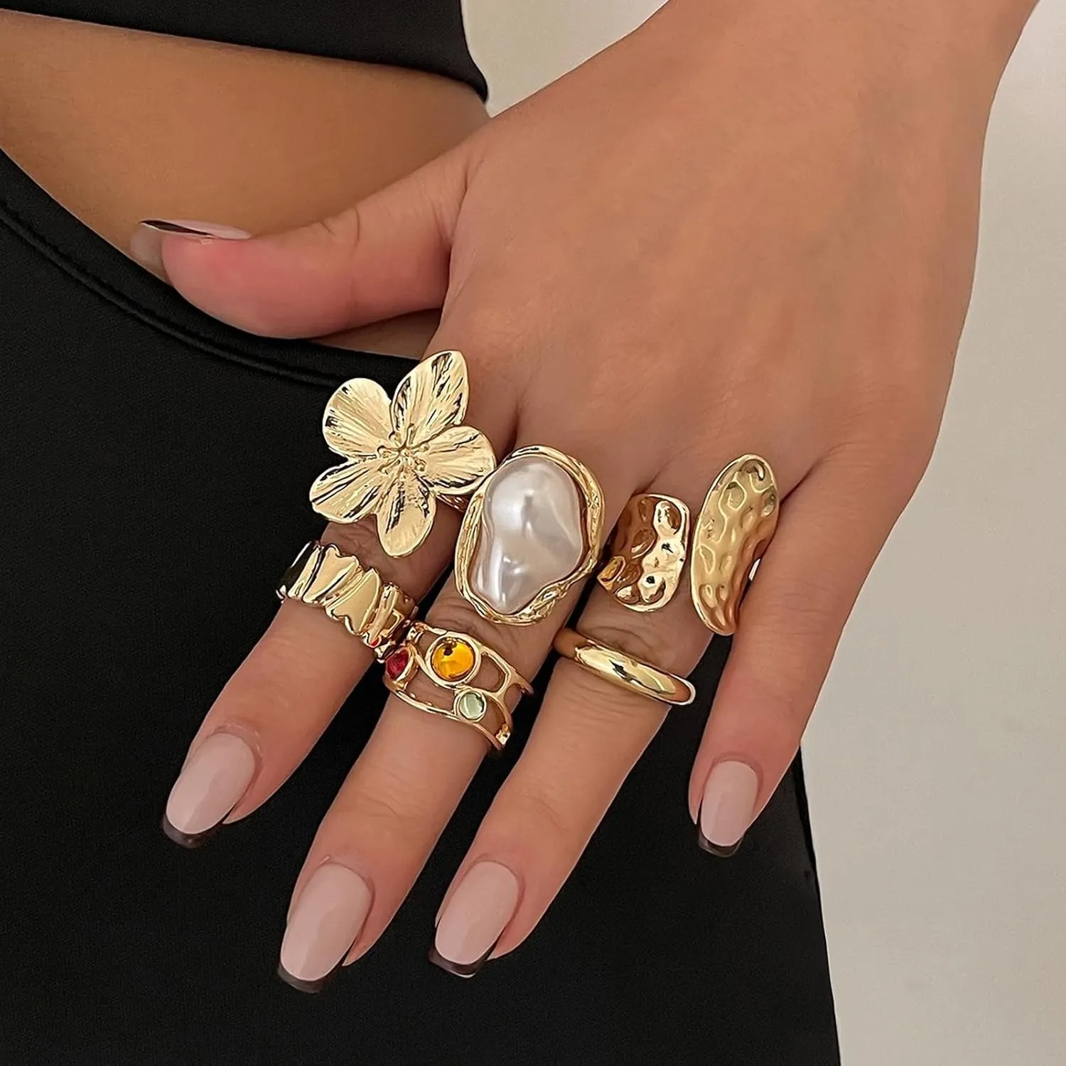 Chunky Gold Rings for Women Non Tarnish Statement Stackable Rings Set Adjustable Boho Pearl Flower Gemstone Joint Finger Midi Knuckle Ring Pack Jewelry Gifts Trendy Stuff