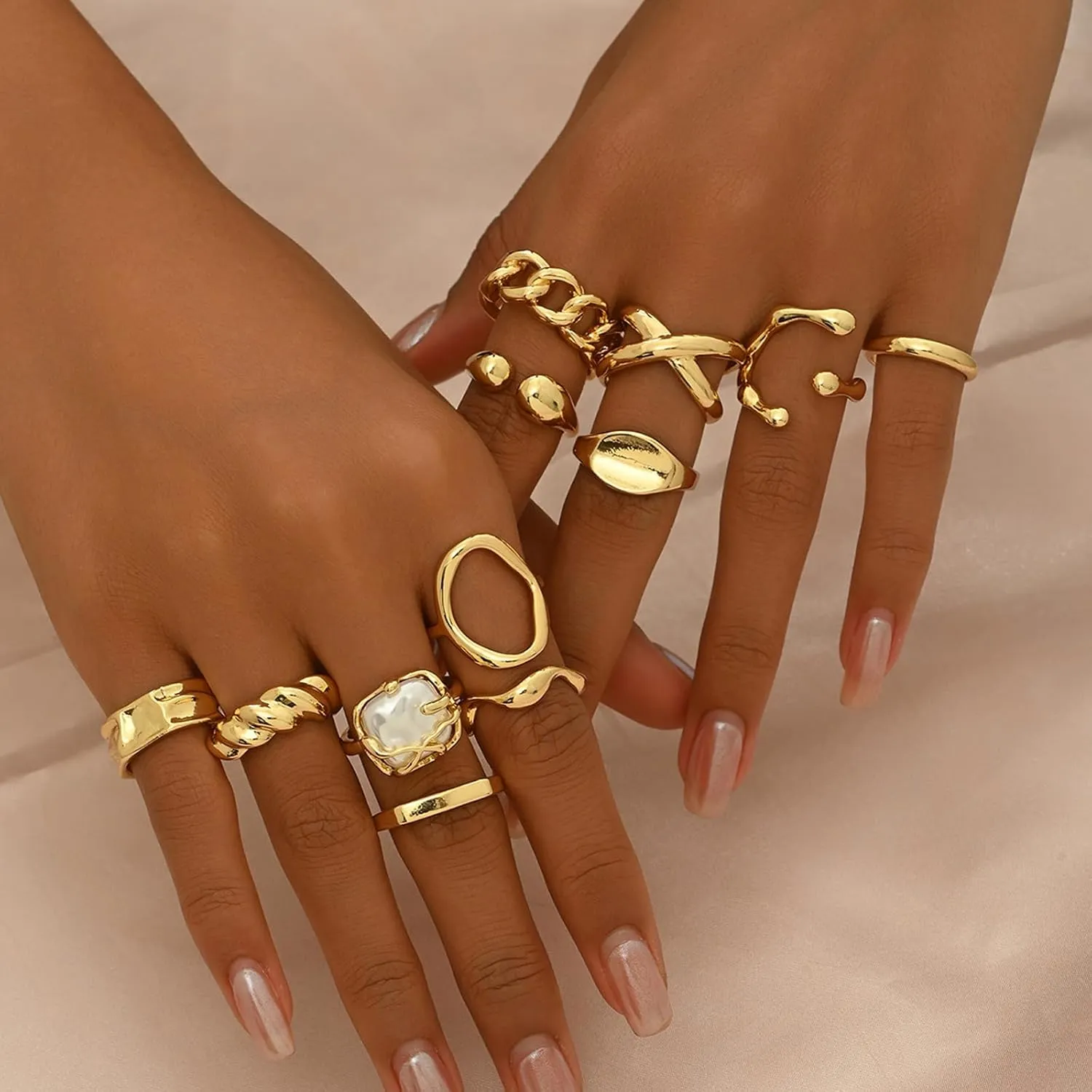Chunky Gold Rings for Women Non Tarnish Statement Stackable Rings Set Adjustable Boho Pearl Flower Gemstone Joint Finger Midi Knuckle Ring Pack Jewelry Gifts Trendy Stuff