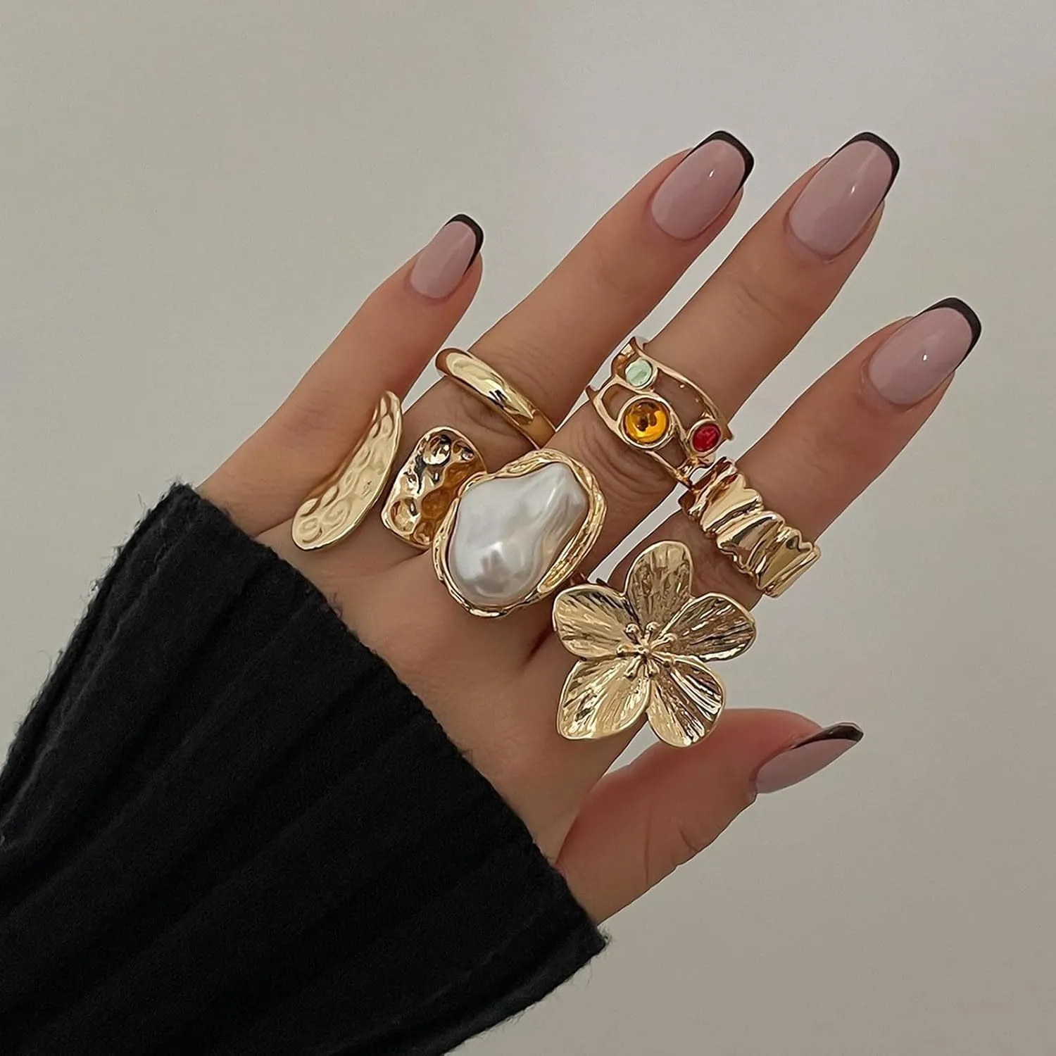 Chunky Gold Rings for Women Non Tarnish Statement Stackable Rings Set Adjustable Boho Pearl Flower Gemstone Joint Finger Midi Knuckle Ring Pack Jewelry Gifts Trendy Stuff